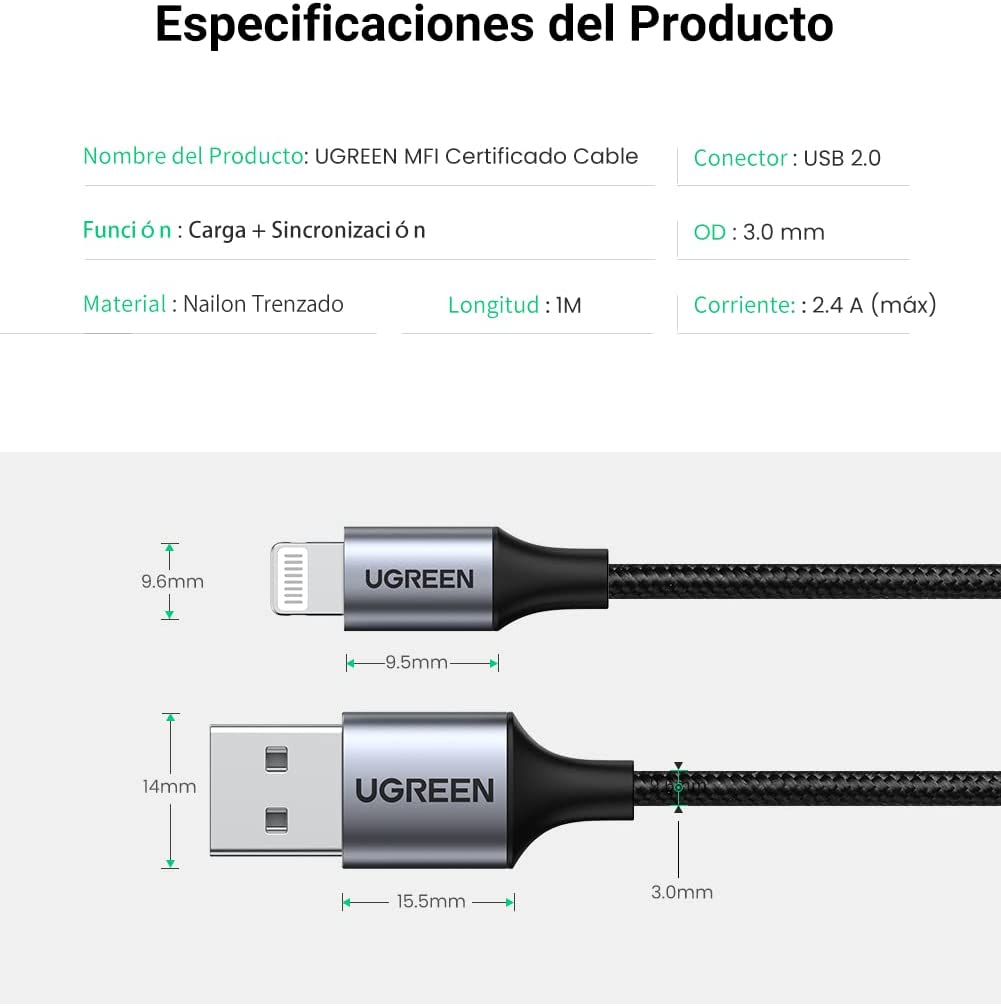 Ugreen USB-A to Lightning MFI Cable Nylon Braided 2M Black